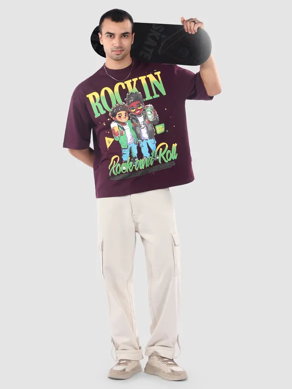 Dark Purple Rock and Roll HD Printed Oversized Tshirt