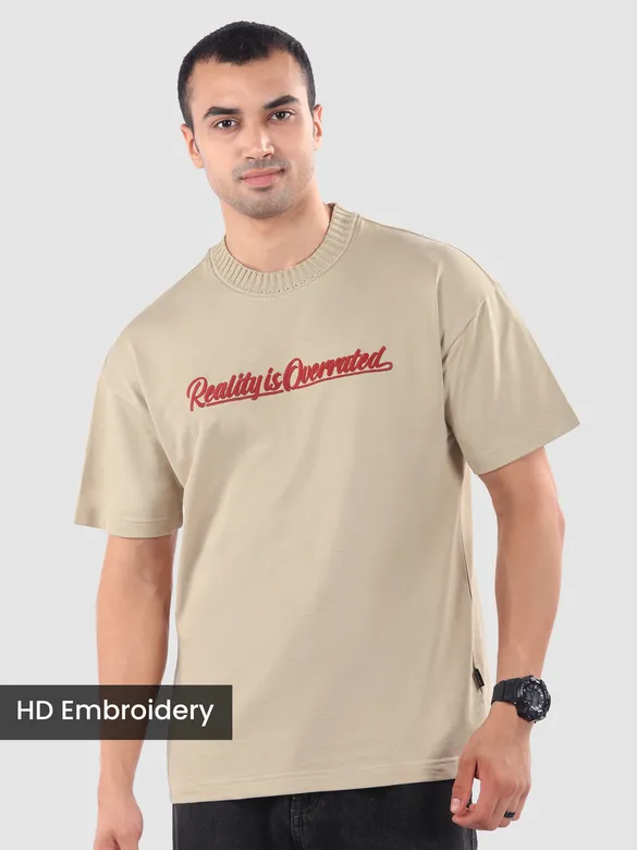 Beige Mock Neck Embroidered T-Shirt