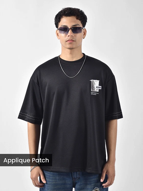 Black Applique Patch HD Print Oversized T-Shirt