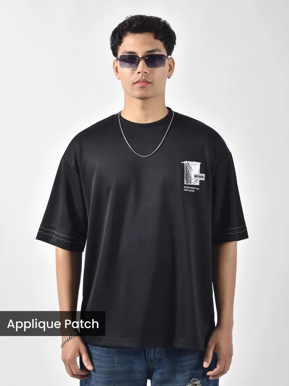 Black Applique Patch HD Print Oversized T-Shirt