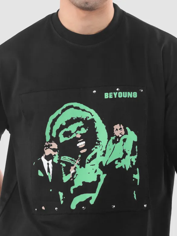 Black HD Print Patch Oversized T-Shirt