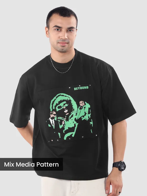 Black HD Print Patch Oversized T-Shirt