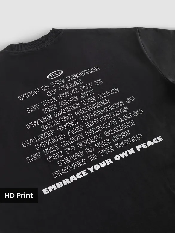 Black Peace Printed Ribbed Edge Oversized T-Shirt