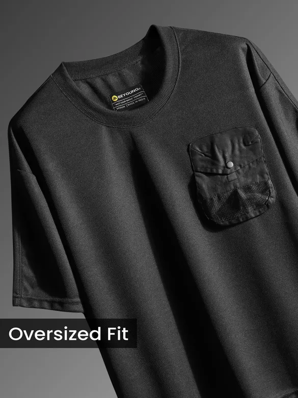 Black Puff Patch Pocket Oversized T-Shirt