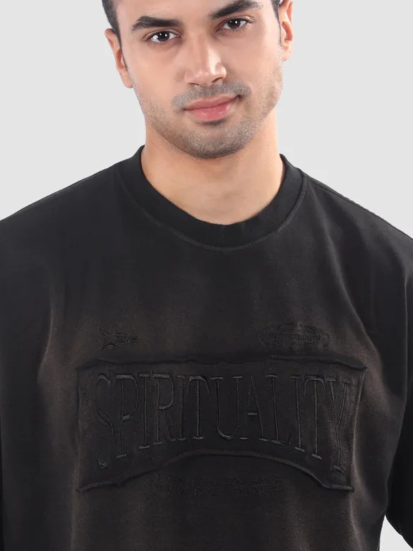 Black Spirituality Patchwork Acid Wash Oversized Tshirt