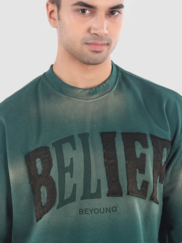 Bottle Green Belief Acid Wash Oversized Tshirt
