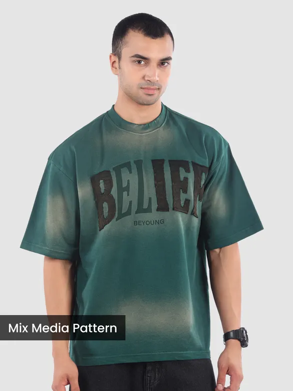 Bottle Green Belief Acid Wash Oversized Tshirt