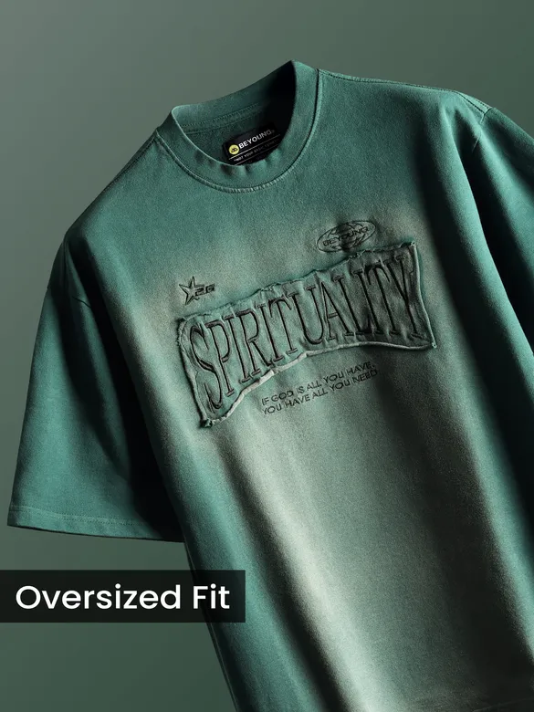 Bottle Green Spirituality Patchwork Acid Wash Oversized Tshirt