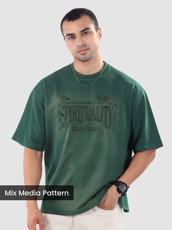 Bottle Green Spirituality Patchwork Acid Wash Oversized Tshirt