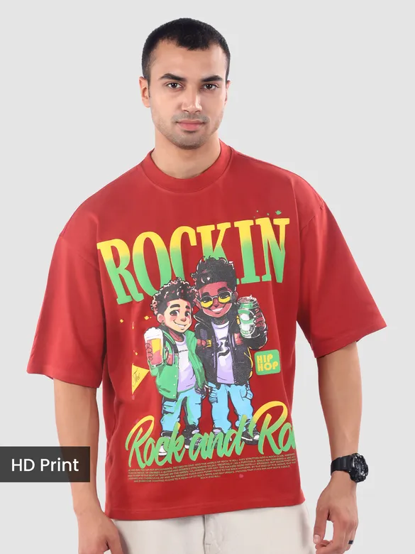 Brick Red Rock and Roll HD Printed Oversized Tshirt