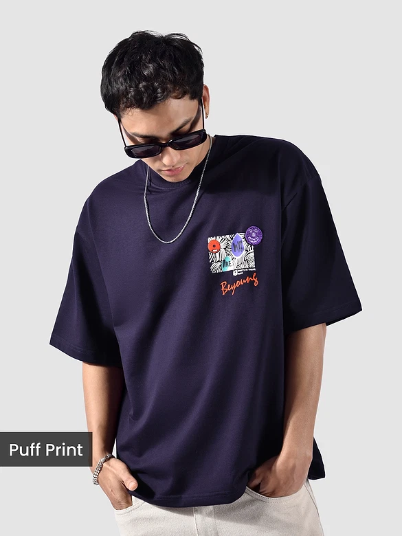 Dark Violet Blooming Puff Printed Oversized T-Shirt