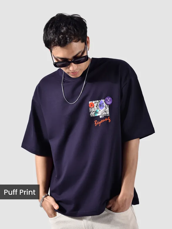 Dark Violet Blooming Puff Printed Oversized T-Shirt