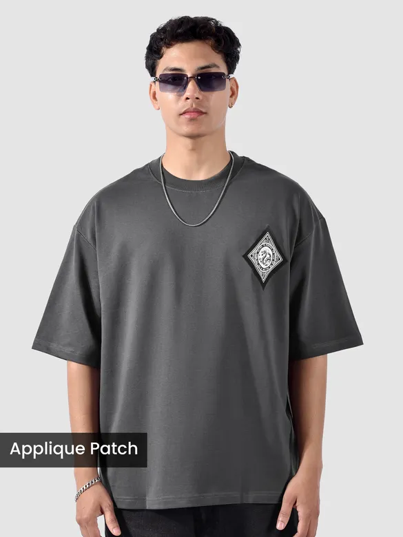 Grey Chinese Dragon Back Patch Oversized T-Shirt