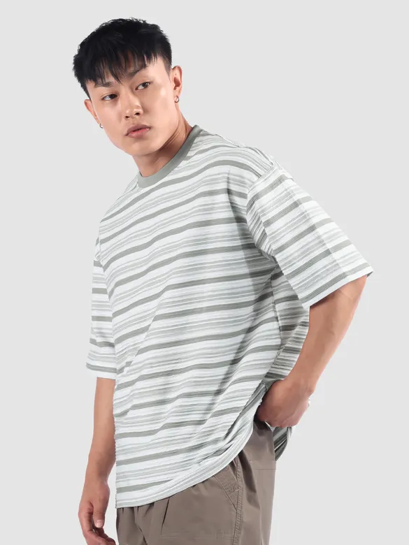 Grey Stripe Textured Oversized T-Shirt