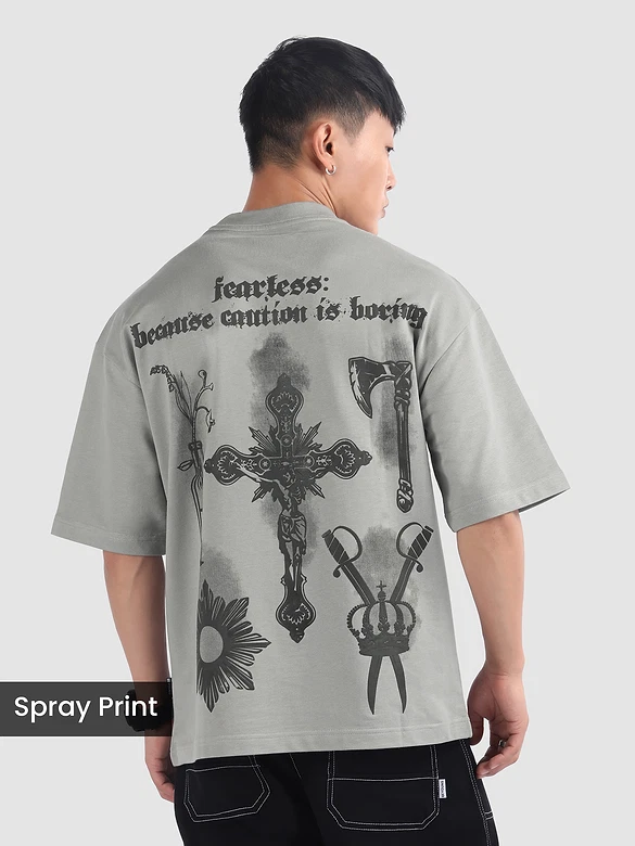 Light Grey Spray Print Gothic Oversized T-Shirt