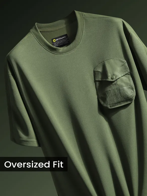 Olive Puff Patch Pocket Oversized T-Shirt