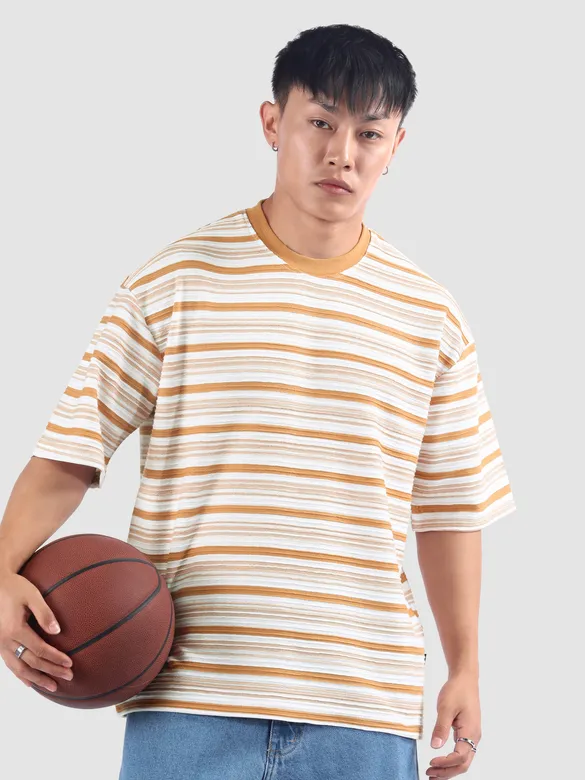 Orange Stripe Textured Oversized T-Shirt
