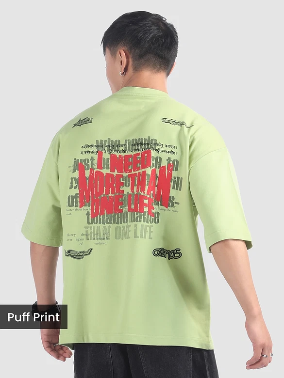 Pista Green Distressed Typo Puff Print Oversized T-Shirt