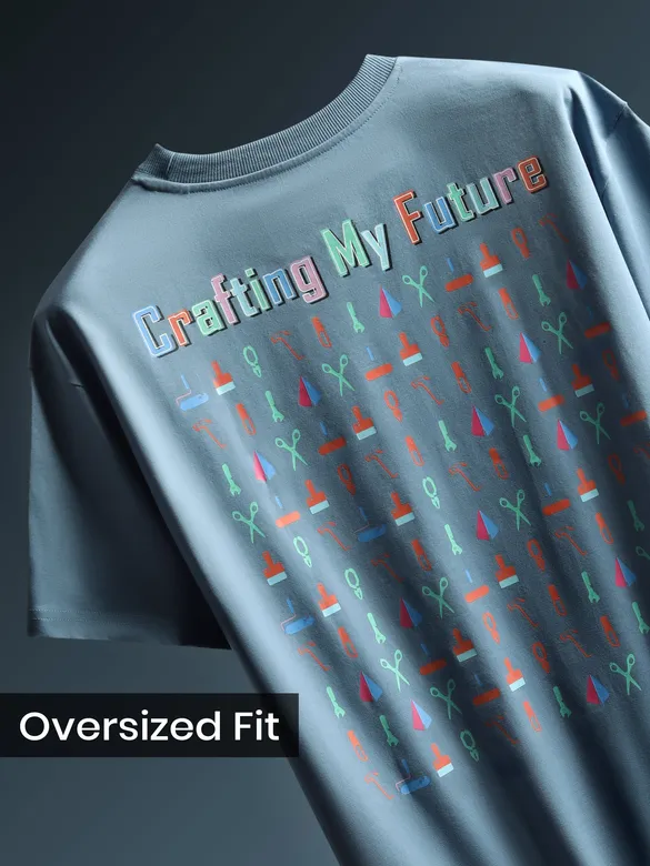 Smoky Blue Typography Printed Oversized T-Shirt