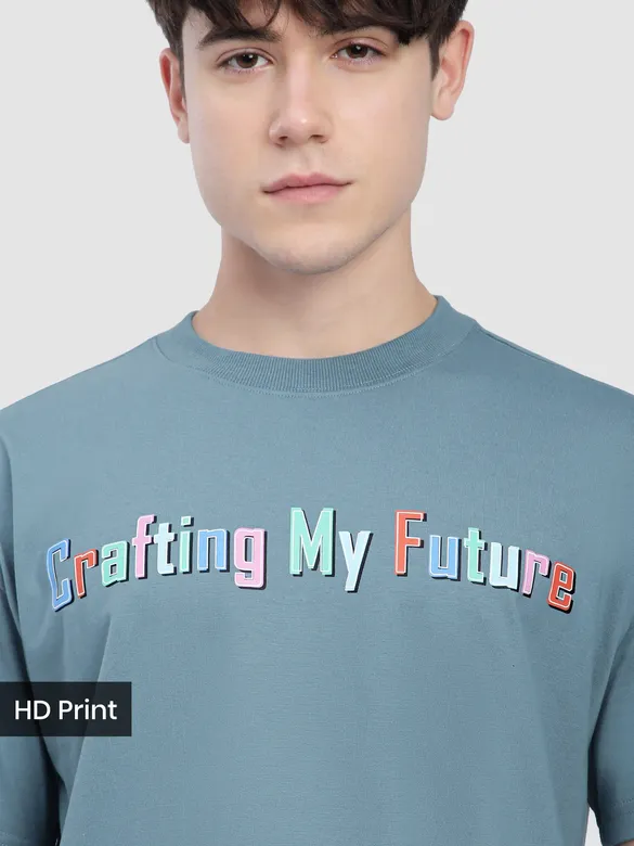 Smoky Blue Typography Printed Oversized T-Shirt