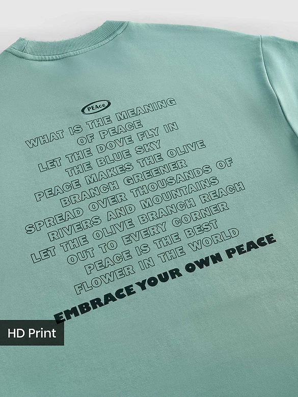 Teal Green Peace Printed Ribbed Edge Oversized T-Shirt