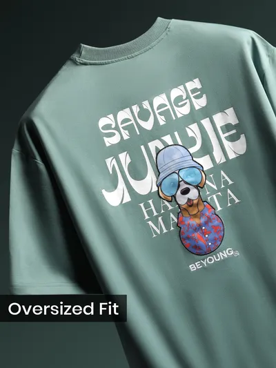 Teal Green Savage Junkie Embroidered Patch Oversized T-Shirt