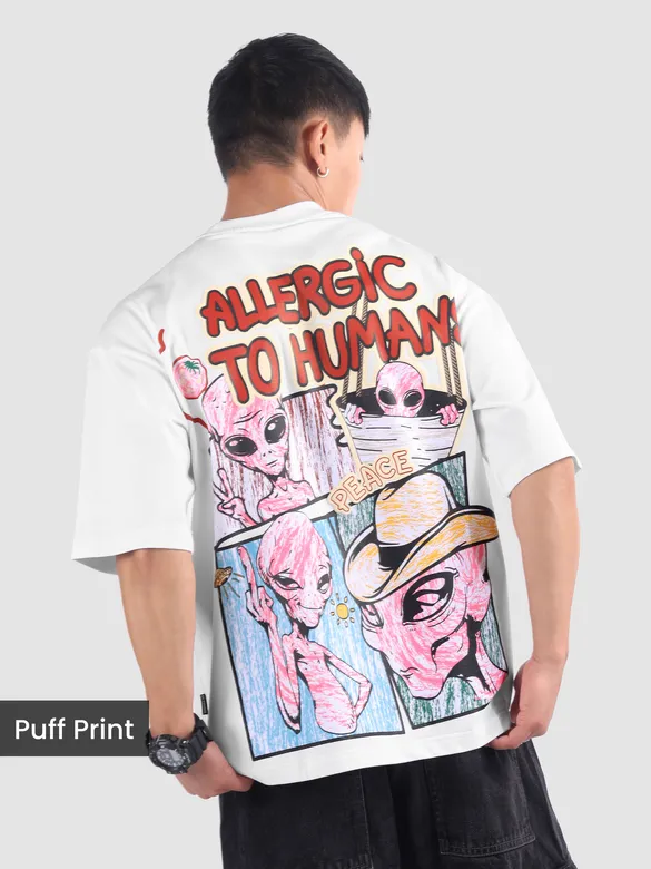 White Allergic To Human Puff Printed Oversized T-Shirt