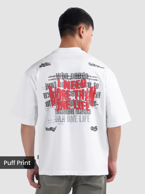 White Distressed Typo Puff Print Oversized T-Shirt