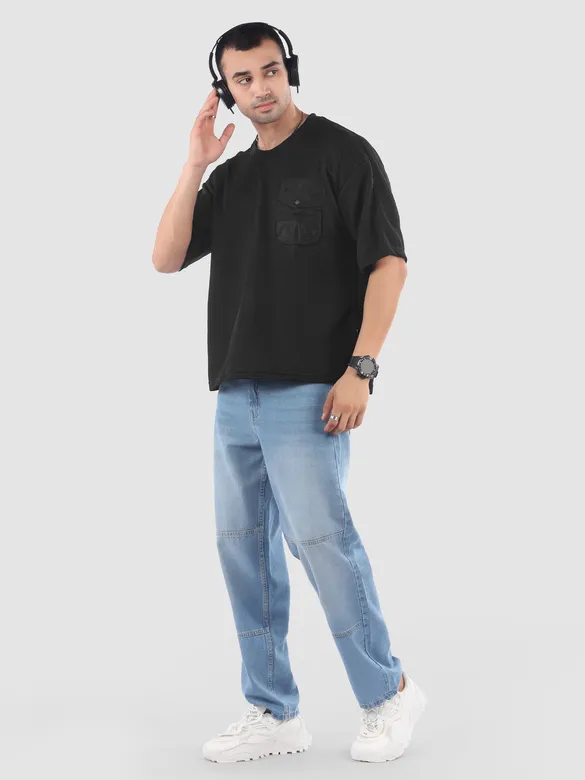 Black Puff Patch Pocket Oversized T-Shirt