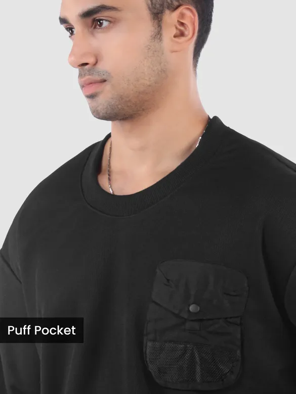 Black Puff Patch Pocket Oversized T-Shirt