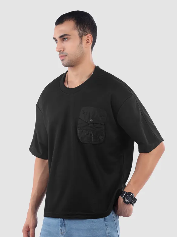 Black Puff Patch Pocket Oversized T-Shirt