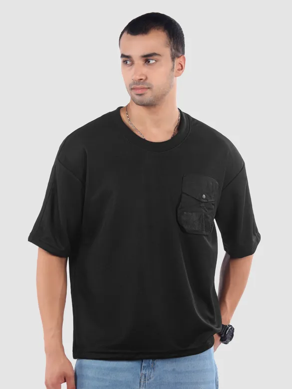 Black Puff Patch Pocket Oversized T-Shirt