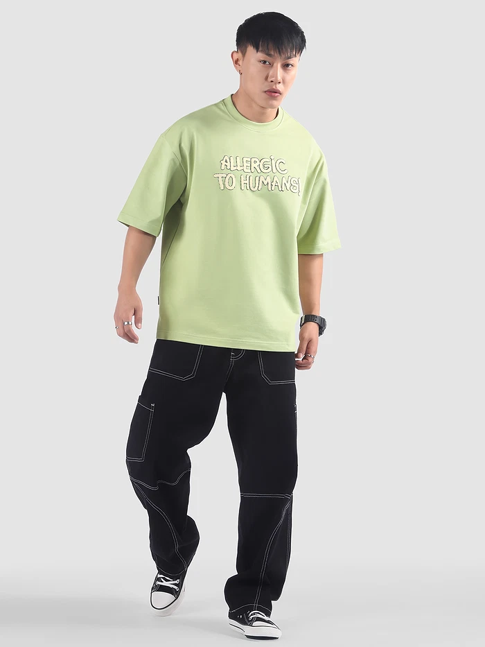 Pista Green Allergic To Human Puff Printed Oversized T-Shirt