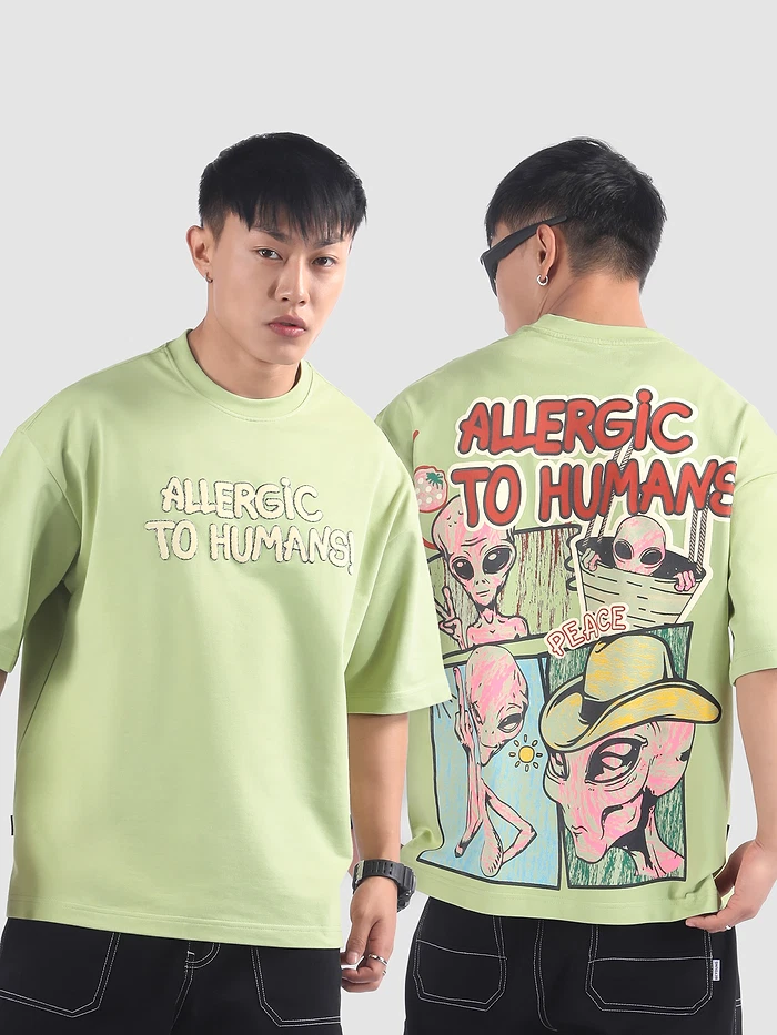 Pista Green Allergic To Human Puff Printed Oversized T-Shirt
