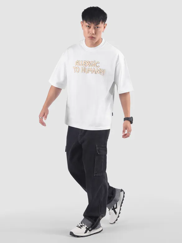 White Allergic To Human Puff Printed Oversized T-Shirt