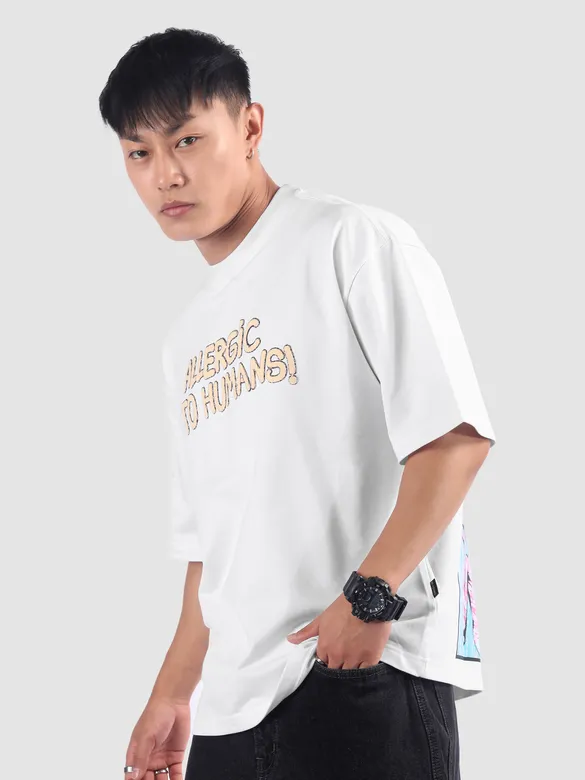 White Allergic To Human Puff Printed Oversized T-Shirt