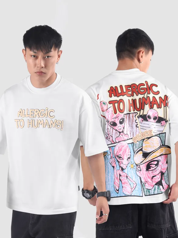 White Allergic To Human Puff Printed Oversized T-Shirt