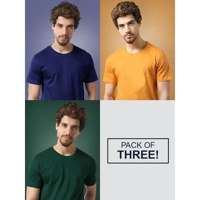 Navy Blue Mustard &amp; Bottle Green Pack Of 3 Plain T-shirts