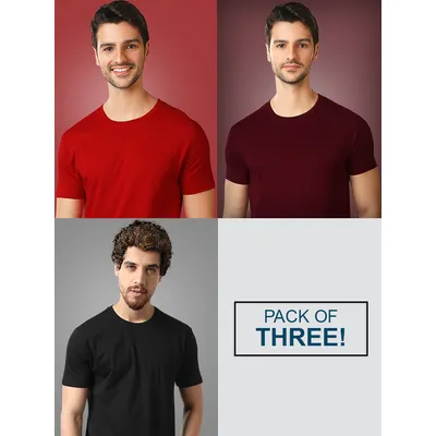 Red Black &amp; Burgundy Combo Of 3 Plain T-shirts