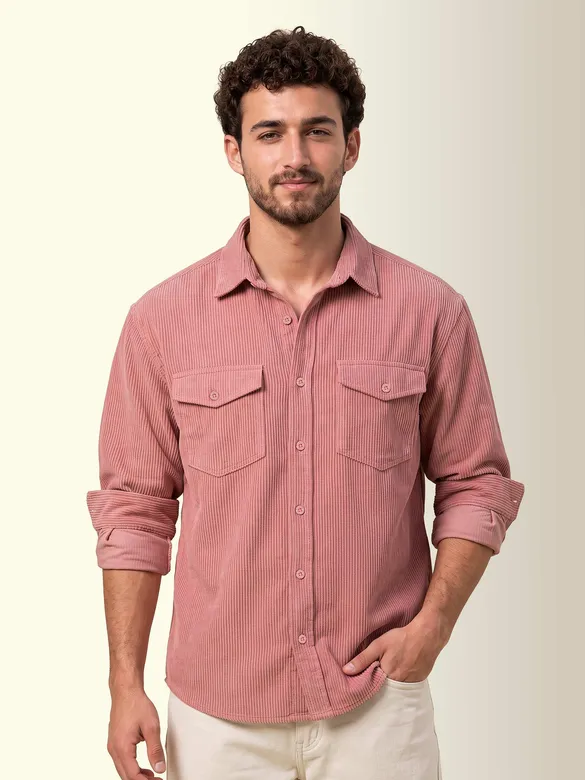 Rose Pink Dual Pocket Textured Corduroy Shirt