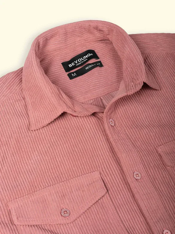 Rose Pink Dual Pocket Textured Corduroy Shirt