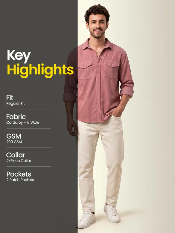 Rose Pink Dual Pocket Textured Corduroy Shirt