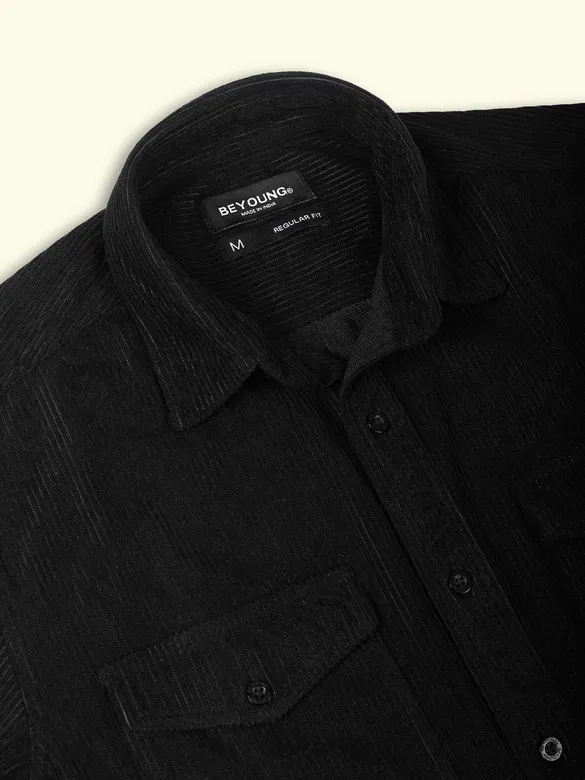Black Dual Pocket Textured Corduroy Shirt