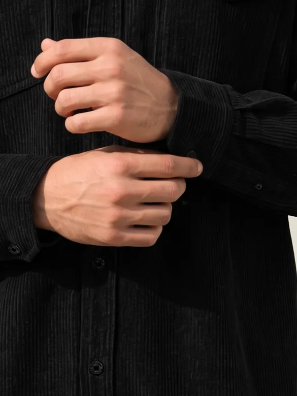 Black Dual Pocket Textured Corduroy Shirt