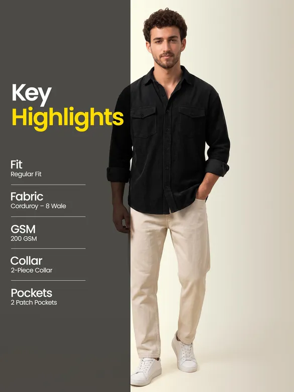 Black Dual Pocket Textured Corduroy Shirt