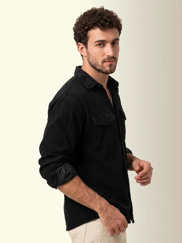 Black Dual Pocket Textured Corduroy Shirt
