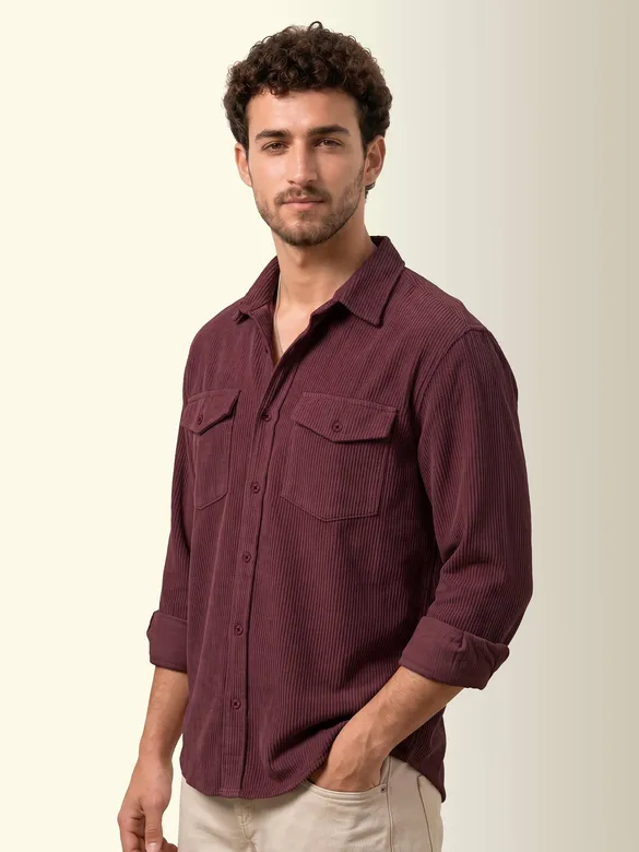 Wine Dual Pocket Textured Corduroy Shirt