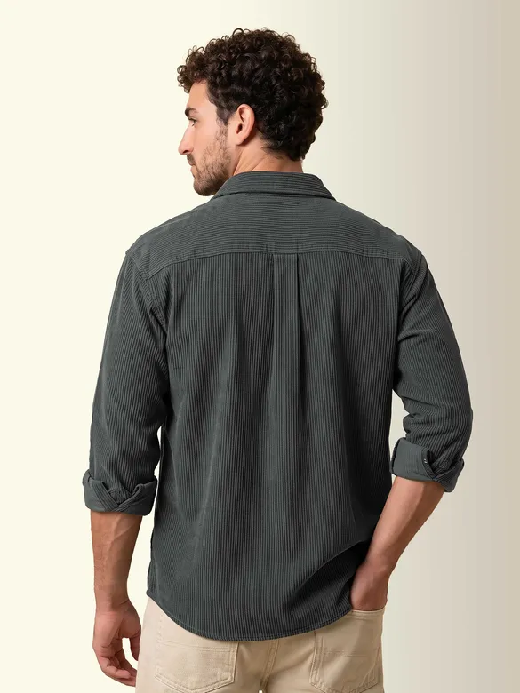 Grey Dual Pocket Textured Corduroy Shirt