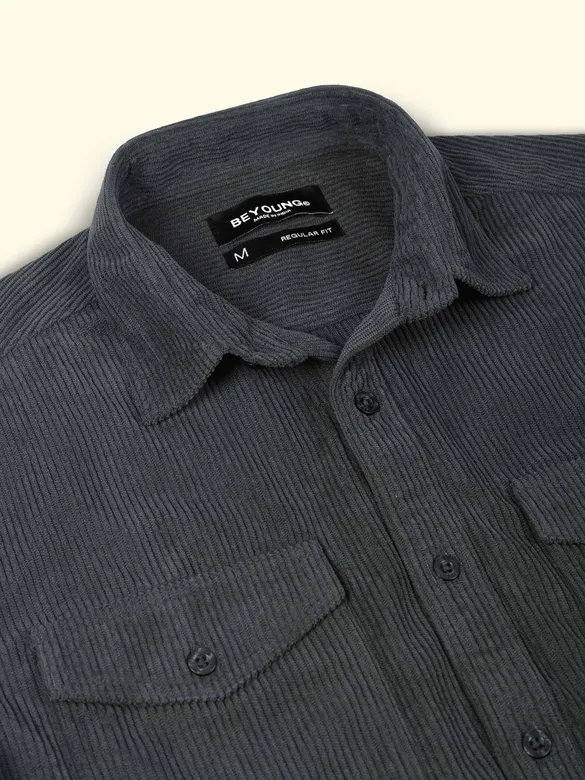 Grey Dual Pocket Textured Corduroy Shirt