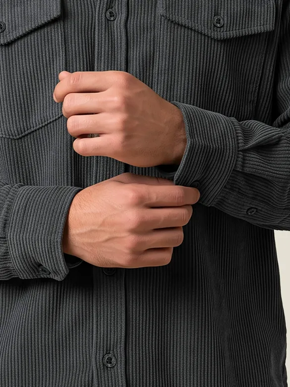 Grey Dual Pocket Textured Corduroy Shirt